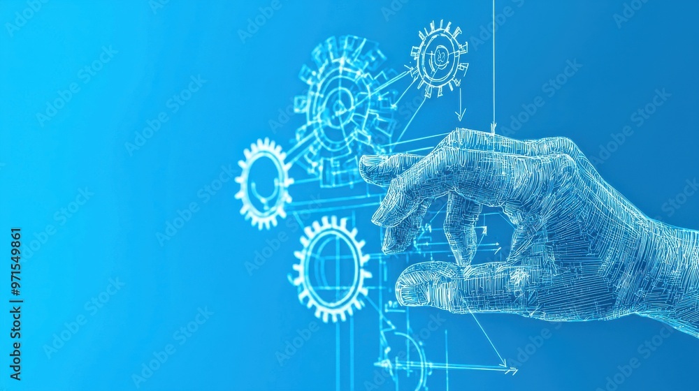 Poster blueprint of achievement: a set of blueprints with abstract gears and arrows, representing strategic