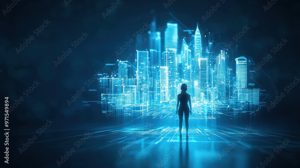 Poster blueprint of dreams: an abstract image of a person standing in front of a glowing, futuristic bluepr