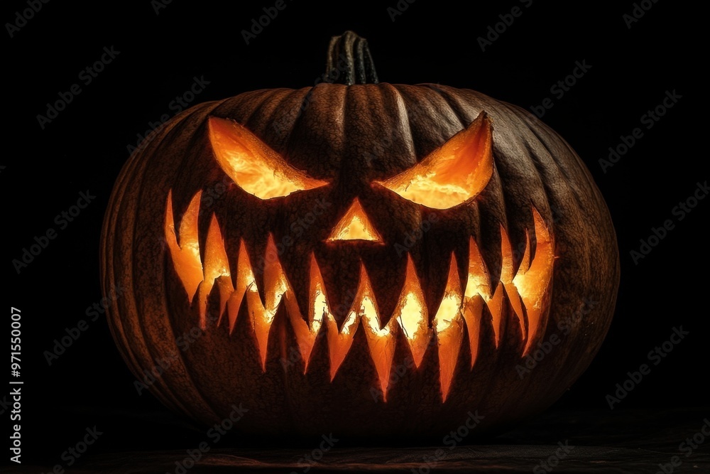 Poster halloween pumpkin face carved in the dark, glowing with eerie light and shadows the design includes 