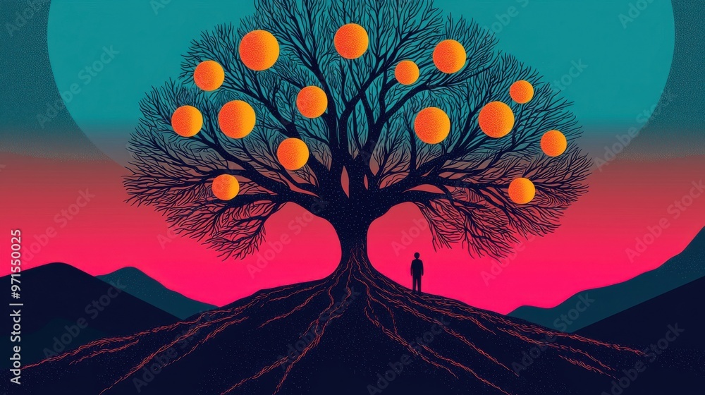 Poster branches of possibility: a person standing at the base of a large tree with branches that extend inf