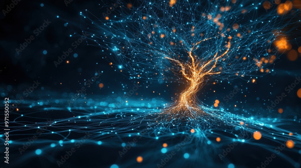Poster branching network of support: human figures standing at the center of a web of glowing lines, which 
