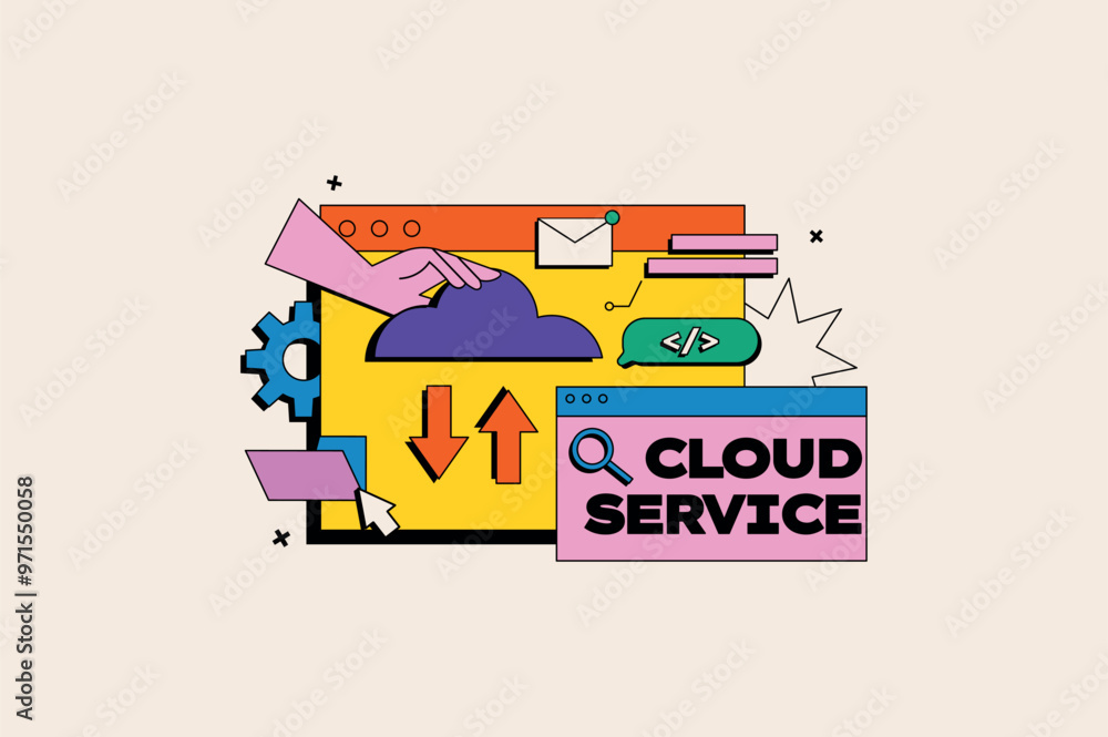 Poster cloud service concept in the flat cartoon style. abstract representation of cloud services with a ha