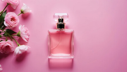 a beautiful bottle of expensive perfume on a pink background with flowers nearby. floral scents. ai. ai generated