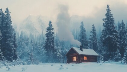 Cabin in the mountains with smoke rising, representing a stable shelter in winter wide shot cool tones