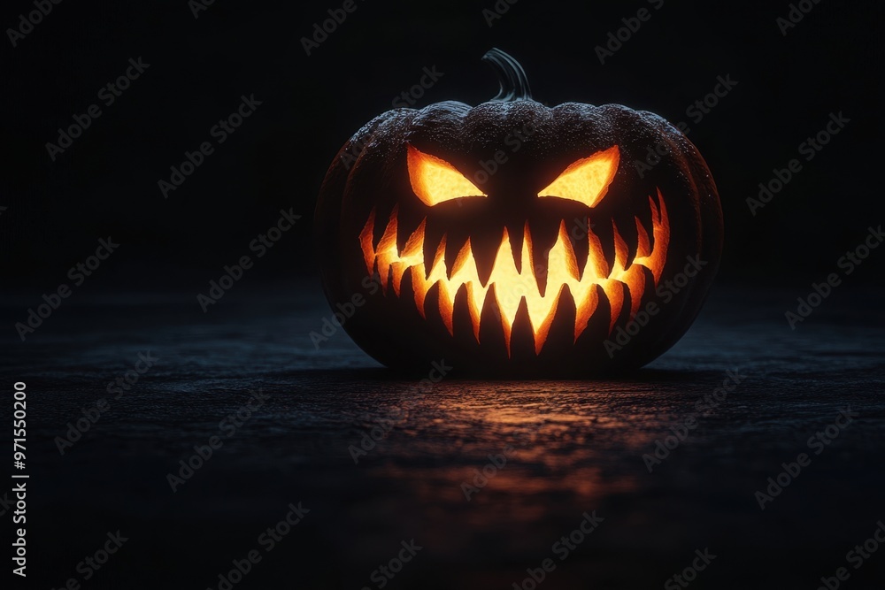 Poster a dark background with an illuminated jack-o'-lantern centered in the middle of frame the pumpkin's 