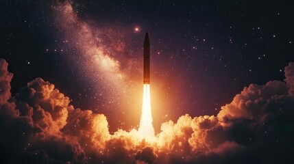 A rocket launches through the clouds into a starry sky.
