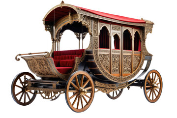 Medieval carriage, center-aligned, full-body isolation, high-resolution stock photo, white background, precise detailing of ornate wood carvings and metalwork