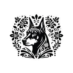 Obraz premium Doberman dog in folk art black and white silhouette illustration