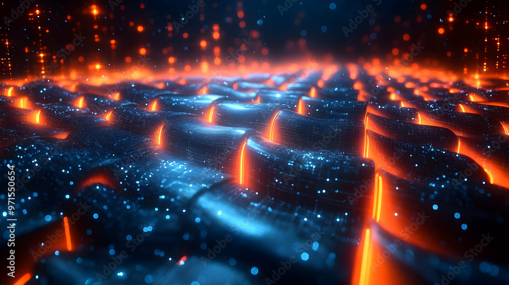 Poster a vibrant, abstract representation of a digital landscape with glowing patterns and textures.