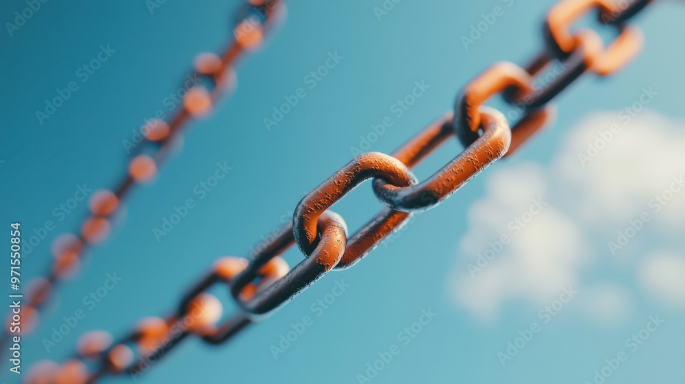 Poster broken chains of speech: a chain of words floating in the air, with one side connecting to a cloud o