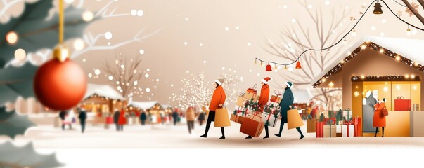 Festive holiday market with people shopping for gifts, beautifully lit stalls and snowy surroundings, perfect winter scene.