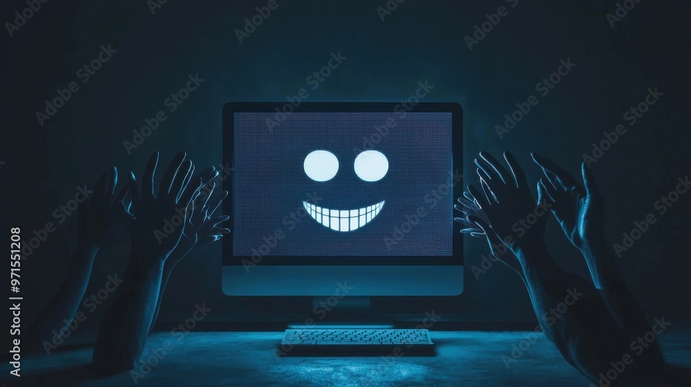 Poster broken trust in a digital world: a glowing computer screen with a smiling face on it, but in the bac