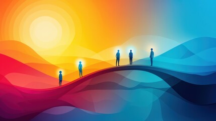 Building Bridges of Understanding: Abstract bridges connecting human figures standing on different platforms, each figure representing a different mindset