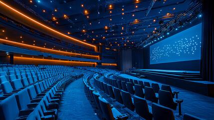 Modern Auditorium with Blue Seats and Large Screen