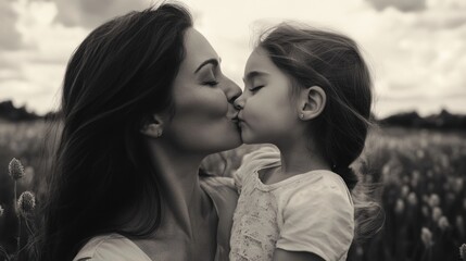 Fototapeta premium Woman kisses young girl in open field