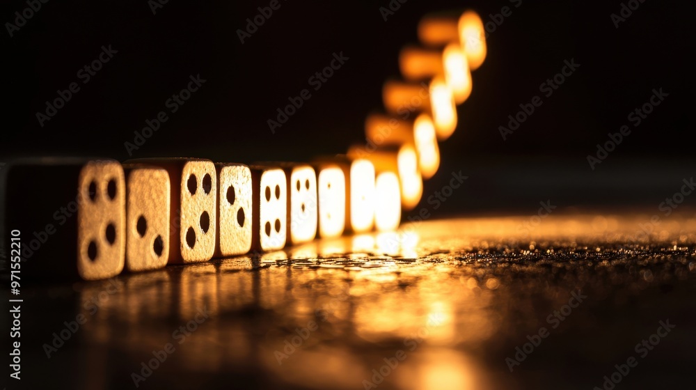 Poster cascading domino effect: a sequence of small dominos, each slightly larger than the previous one, fa