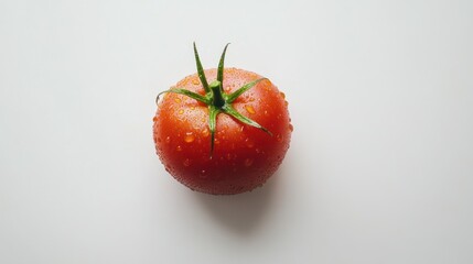 A Single Red Tomato with Water Droplets on a White Background