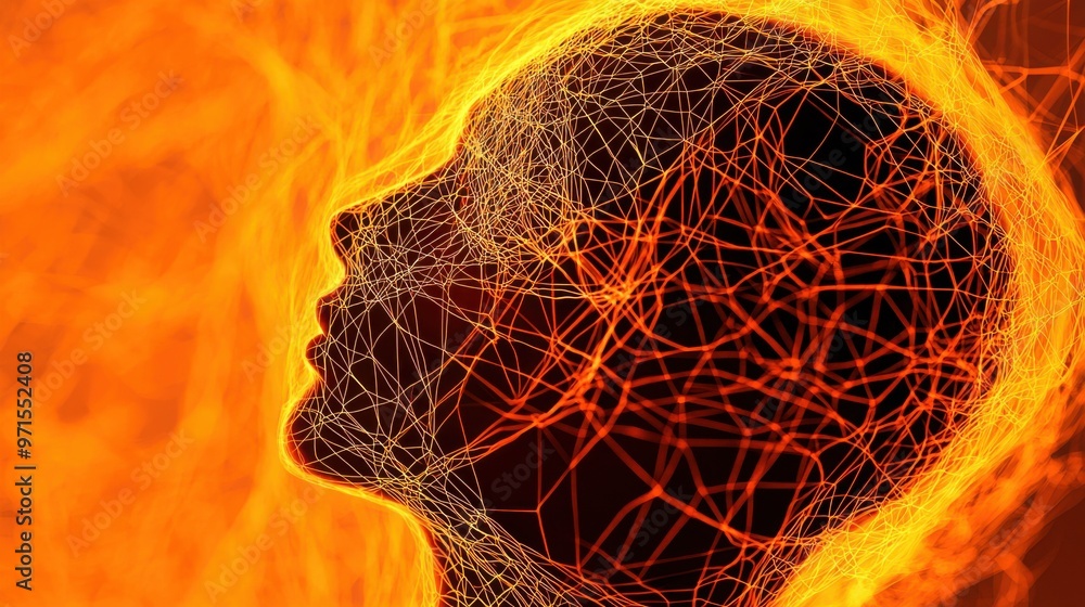 Poster chaotic web: a person trapped in a web of tangled, glowing strings, each leading in different direct