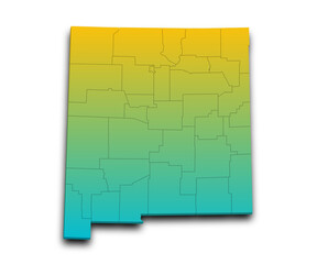 3d Map of New Mexico state with counties, color. United State of America, US, United State