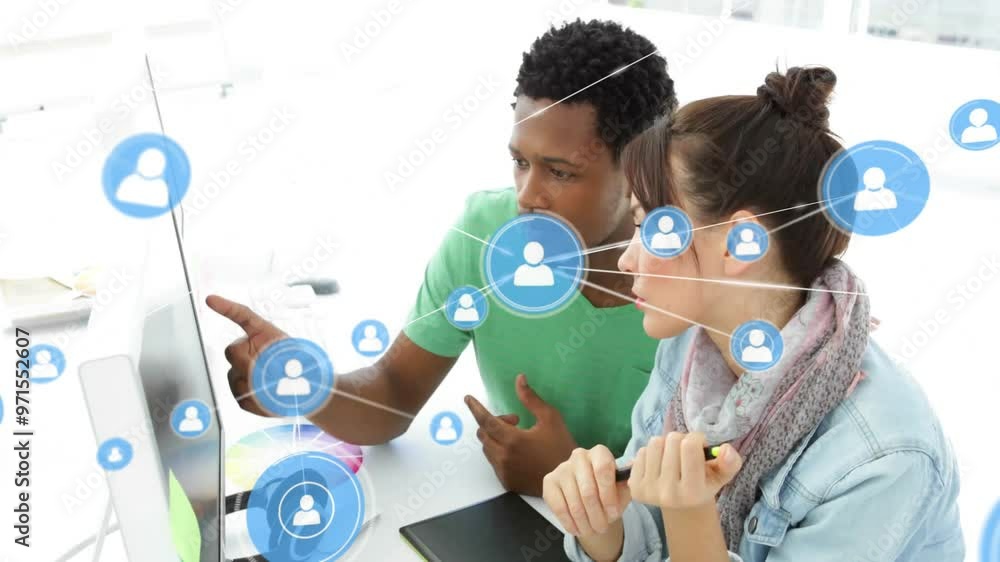 Poster animation of network of connections with icons over diverse colleagues using computer