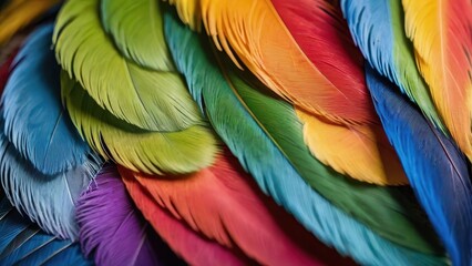Obraz premium Close-up of vibrant, colorful feathers showcasing a range of hues and textures.