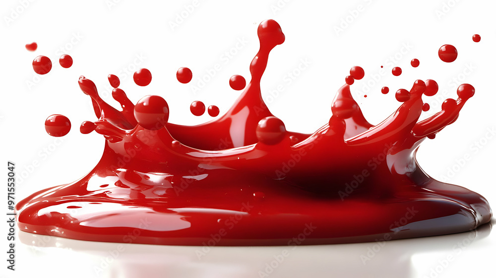 Poster a vivid splash of red liquid creating dynamic droplets.