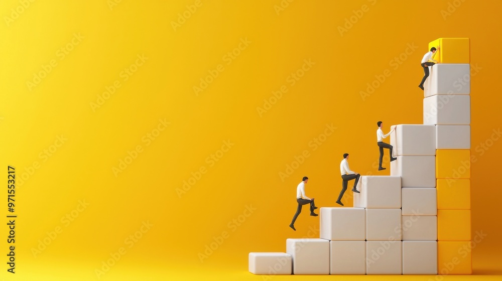 Poster collaborative climb: figures climbing up a series of interconnected blocks, with each block represen