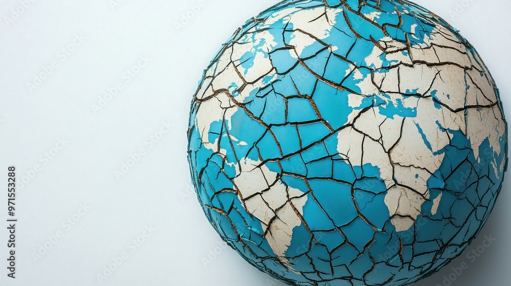 Poster collapsed trade routes in a fractured world: an abstract globe made up of broken lines and paths tha