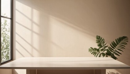 .table on warm beige wall background with sun rays and plant, empty concept mockup for your idea, ai generated, ai