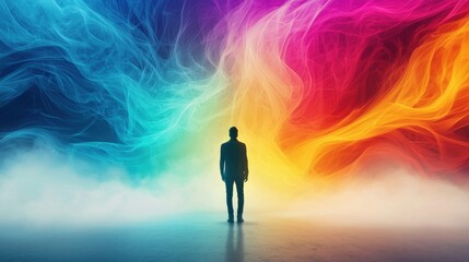 Colorful Aura: A human figure standing in the middle of a grey world, surrounded by a vibrant, glowing aura of colors, representing the effect of positivity on one's surroundings