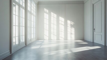 Obraz premium Empty room, sunlight streaming in, white color generative ai
