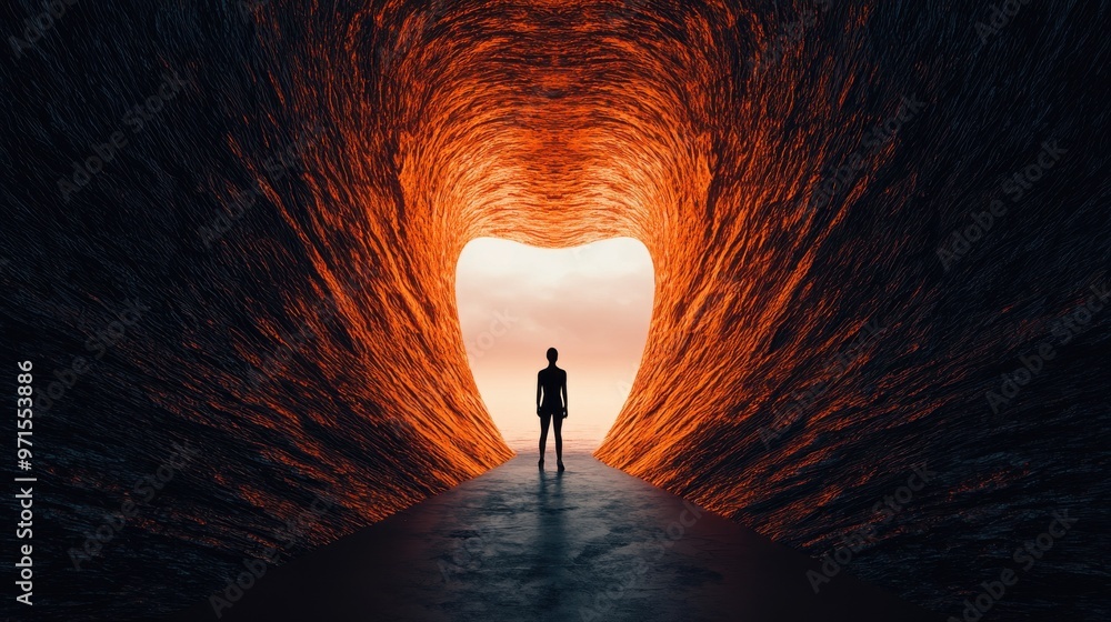 Poster compression between worlds: a figure stands between two immense, glowing walls that press inward, on