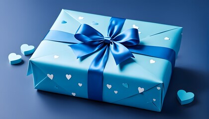 Present wrapped in blue paper with blue hearts, father's day, anniversary 