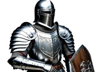 Medieval knight in full armor, centered, isolated against a pristine white background, high-resolution stock photo, showcasing metallic sheen of the armor, fine engravings visible