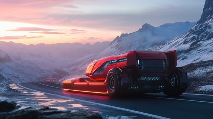 Naklejka premium Futuristic red car driving on a winding road in the mountains at sunset.