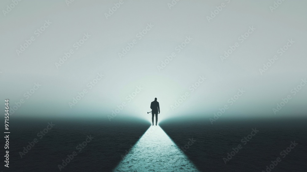 Poster create your own opportunity: a person standing in front of a blank, foggy space with no clear path, 