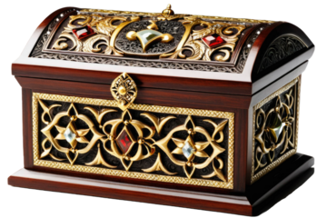 Medieval storage box brimming with jewelry, centrally isolated against a pure white background, high-key lighting, macro perspective, showcasing intricate carvings on wood, reflective gold tones
