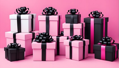 A flat lay image of gifts boxes with pink and black ribbons on a pink background