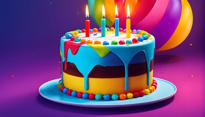  A vivid and colorful background of a colorful birthday cake with a single lighted candle