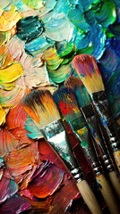 Vibrant mix of colors on painters palette with brushes