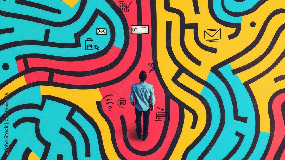 Poster customer journey maze: a figure navigates through a complex, colorful maze with various symbols (lik