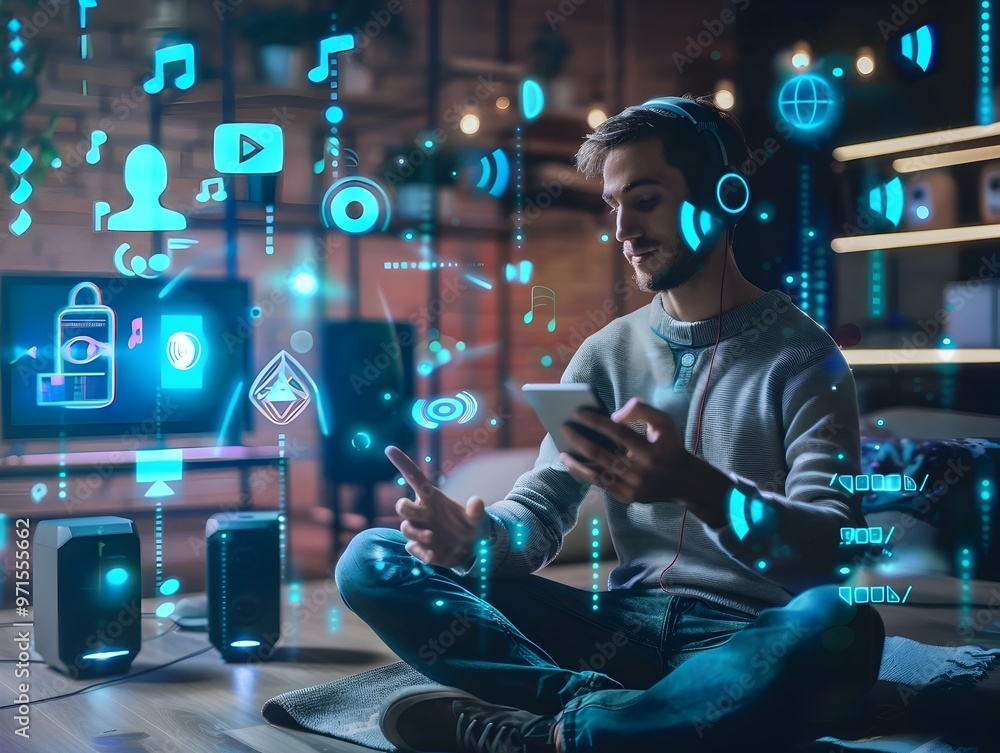 Poster music lover utilizing ai powered personal assistant for personalized playlists and smart speaker con