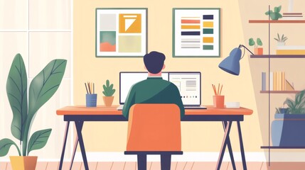 Man working on his computer in a home office with plants and artwork.