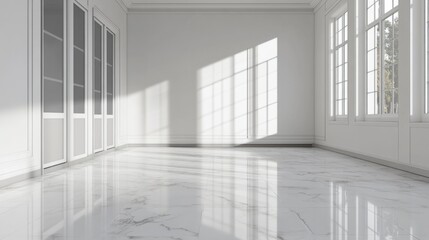 Obraz premium Empty room, white marble floor, white walls, generative ai