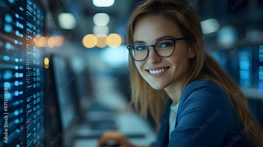 Poster a woman with glasses smiles while working in a tech environment with computer screens.