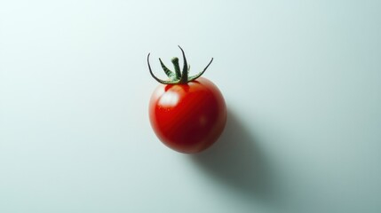 A Single Red Tomato with Green Stem on White Background
