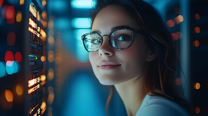 A woman with glasses smiles in a server room, surrounded by glowing technology.