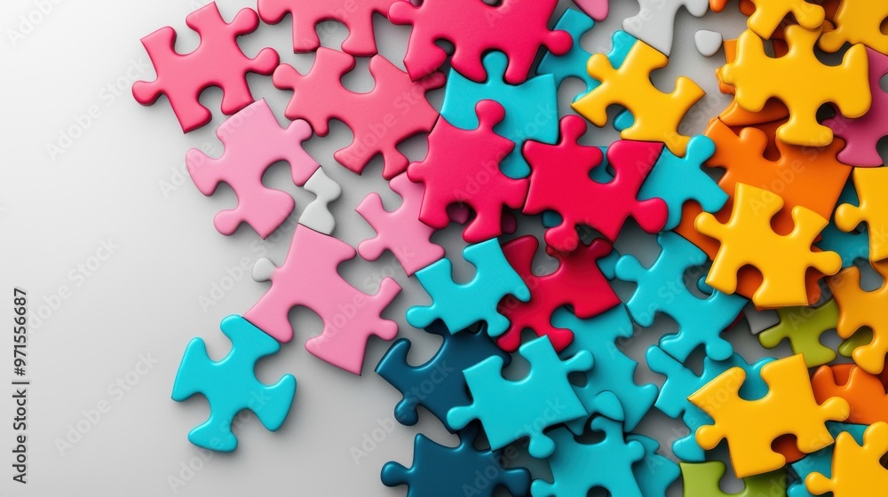 Poster different puzzle pieces coming together to form a complex, colorful abstract shape, symbolizing how 