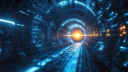 Obraz premium Futuristic tunnel with glowing blue lights and a bright orange light at the end.