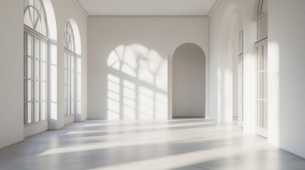 Empty room, white walls and floor, bright natural light, generative ai